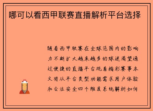 哪可以看西甲联赛直播解析平台选择