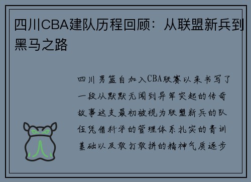 四川CBA建队历程回顾：从联盟新兵到黑马之路